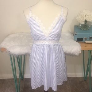 Horizontal Blue‎ & White Striped Dress * Lacy Trim